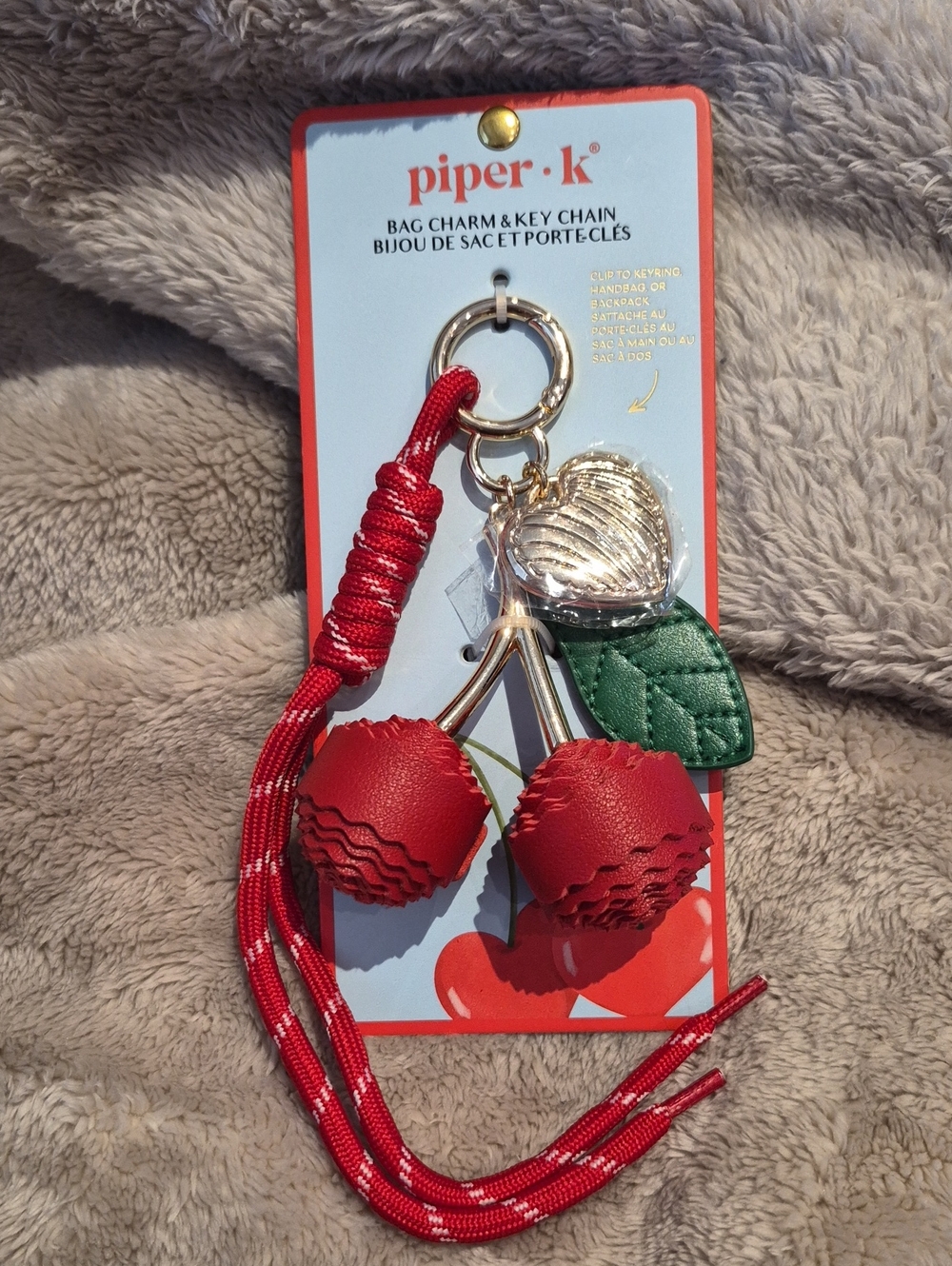 Piper·k Red Cherry Leather Key Charm with Green Leaf and Gold Hardware